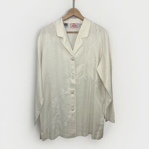 Edward Tunic Shirt Ivory Irish Linen Size L Long Sleeve Embroidered Florals